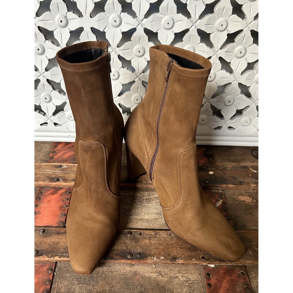 Inez Tan Brown Suede Block Heel Ankle Sock Boots Made in Spain Women 9M